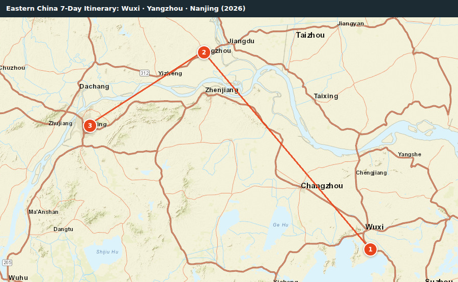 Route map for Eastern China 7-Day Itinerary: Wuxi · Yangzhou · Nanjing (2026)
