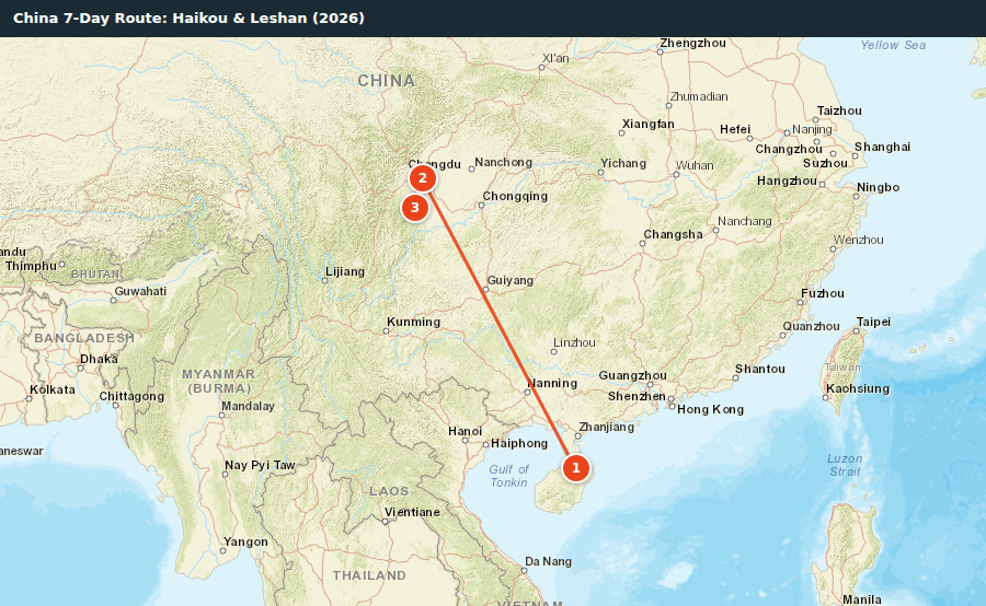Route map for China 7-Day Route: Haikou & Leshan (2026)
