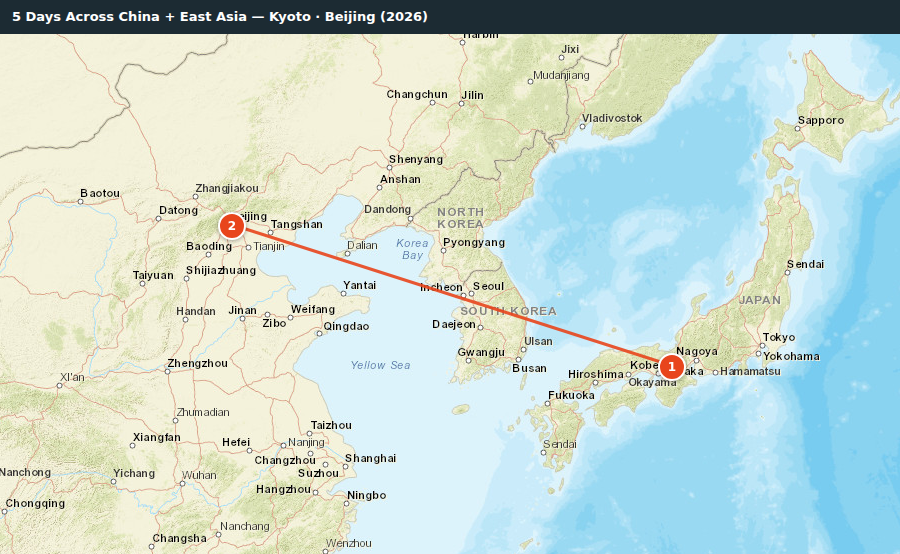 Route map for 5 Days Across China + East Asia — Kyoto · Beijing (2026)