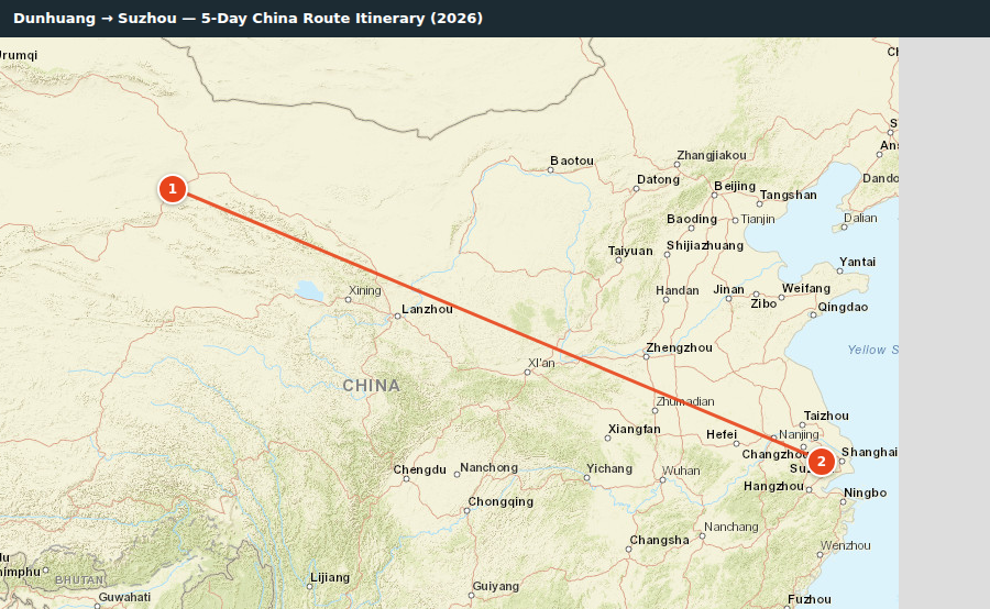 Route map for Dunhuang → Suzhou — 5-Day China Route Itinerary (2026)