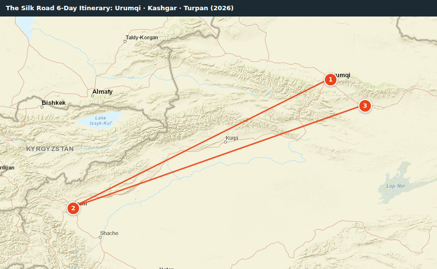 Route map for The Silk Road 6-Day Itinerary: Urumqi · Kashgar · Turpan (2026)