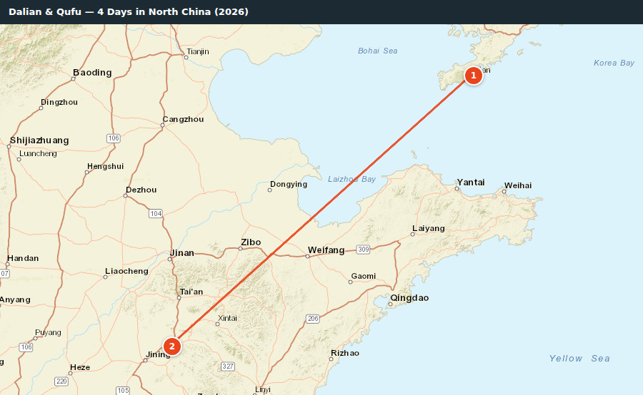 Route map for Dalian & Qufu — 4 Days in North China (2026)