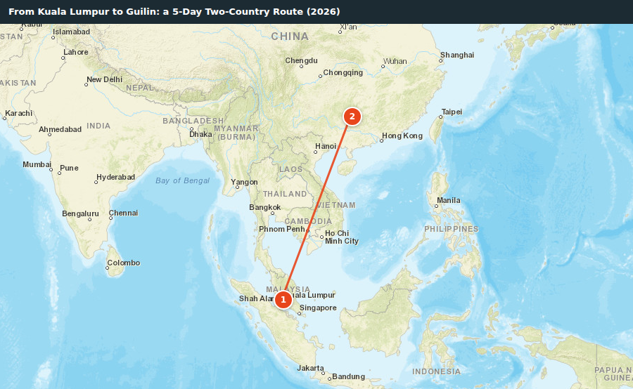Route map for From Kuala Lumpur to Guilin: a 5-Day Two-Country Route (2026)