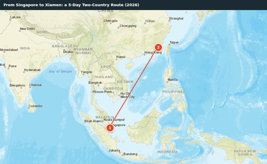 Route map for From Singapore to Xiamen: a 5-Day Two-Country Route (2026)