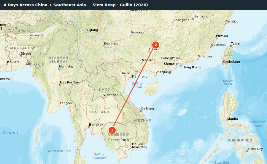Route map for 4 Days Across China + Southeast Asia — Siem Reap · Guilin (2026)
