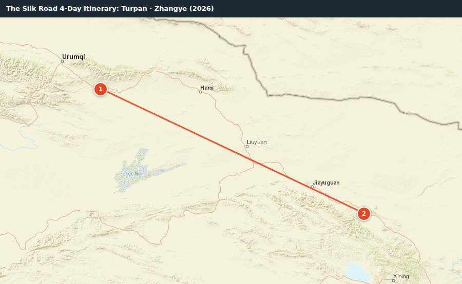 Route map for The Silk Road 4-Day Itinerary: Turpan · Zhangye (2026)