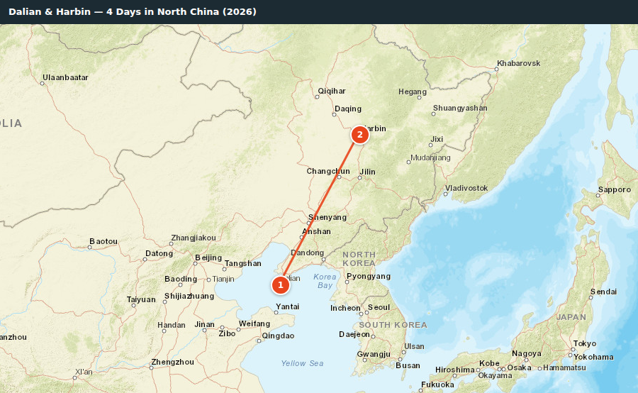 Route map for Dalian & Harbin — 4 Days in North China (2026)
