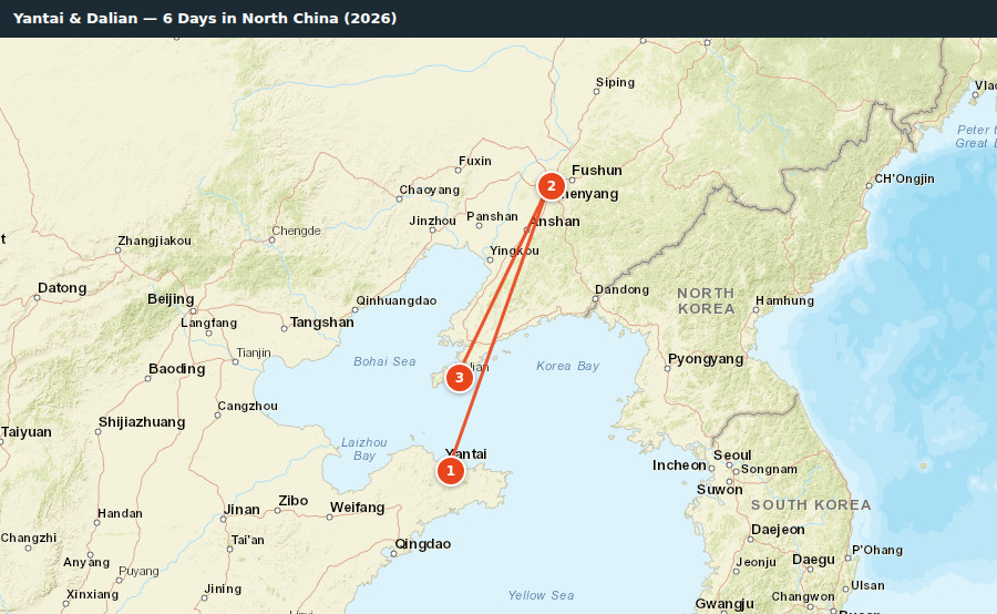 Route map for Yantai & Dalian — 6 Days in North China (2026)