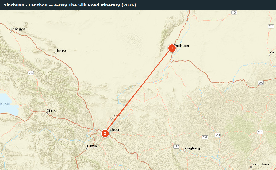 Route map for Yinchuan · Lanzhou — 4-Day The Silk Road Itinerary (2026)