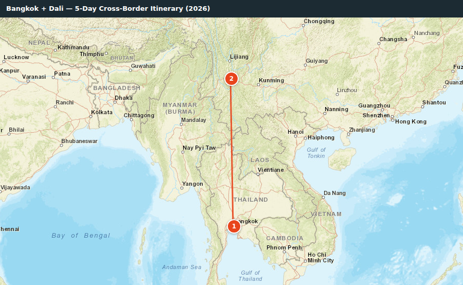 Route map for Bangkok + Dali — 5-Day Cross-Border Itinerary (2026)