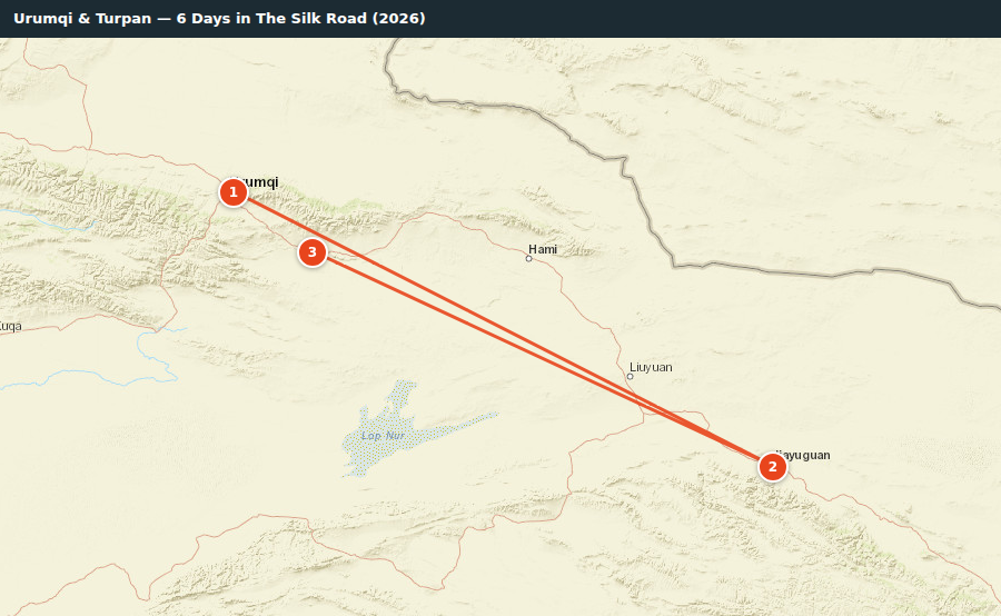 Route map for Urumqi & Turpan — 6 Days in The Silk Road (2026)