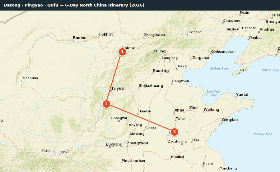 Route map for Datong · Pingyao · Qufu — 6-Day North China Itinerary (2026)
