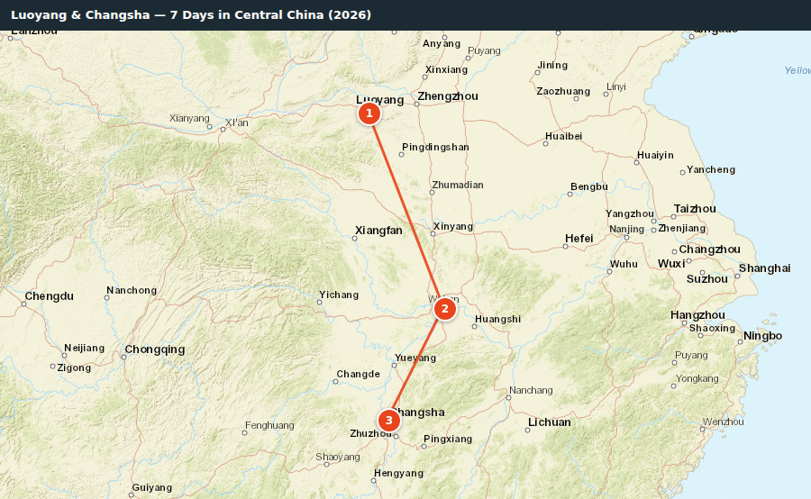 Route map for Luoyang & Changsha — 7 Days in Central China (2026)