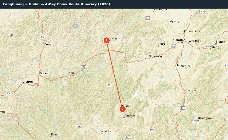 Route map for Fenghuang → Guilin — 4-Day China Route Itinerary (2026)