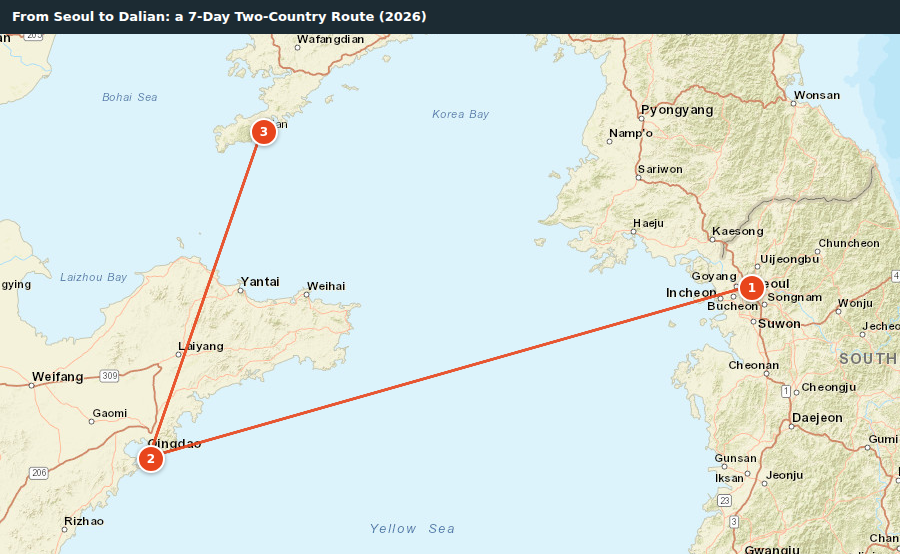 Route map for From Seoul to Dalian: a 7-Day Two-Country Route (2026)