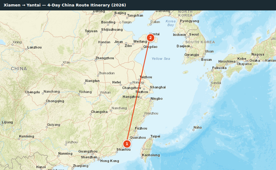 Route map for Xiamen → Yantai — 4-Day China Route Itinerary (2026)