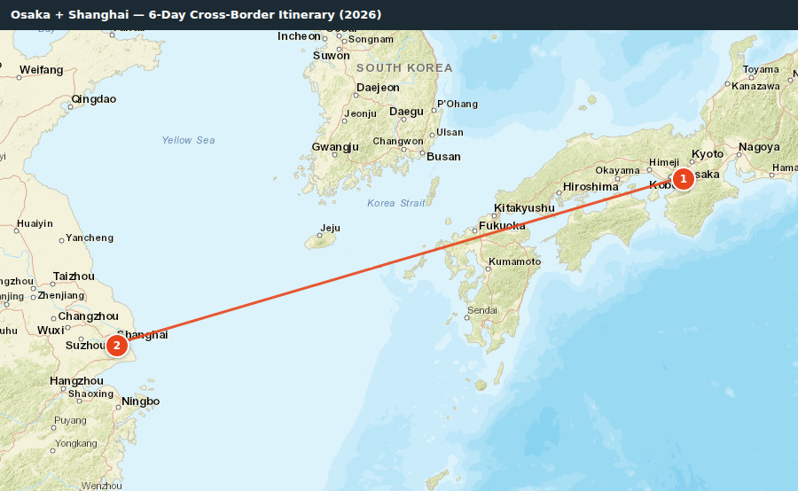 Route map for Osaka + Shanghai — 6-Day Cross-Border Itinerary (2026)