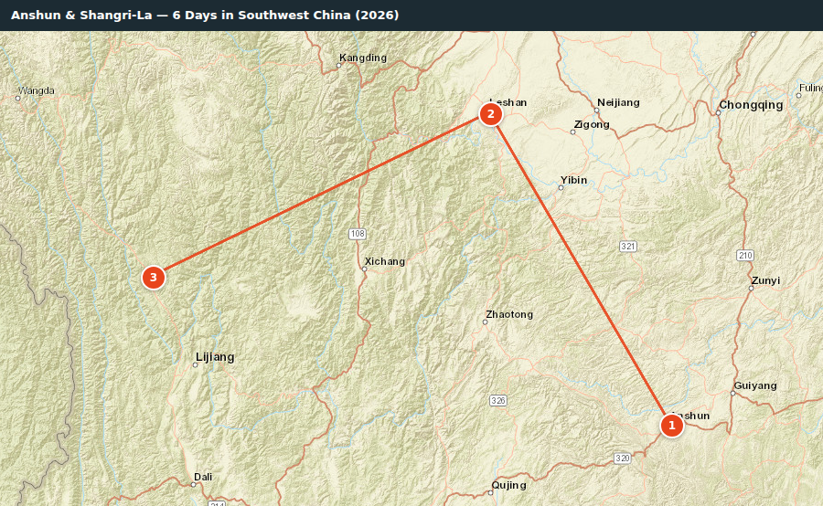 Route map for Anshun & Shangri-La — 6 Days in Southwest China (2026)