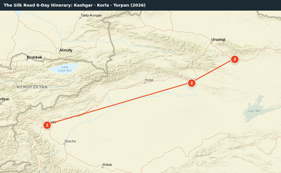 Route map for The Silk Road 6-Day Itinerary: Kashgar · Korla · Turpan (2026)