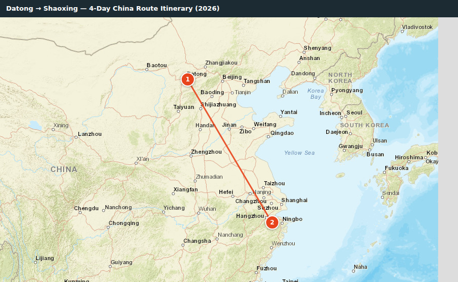 Route map for Datong → Shaoxing — 4-Day China Route Itinerary (2026)