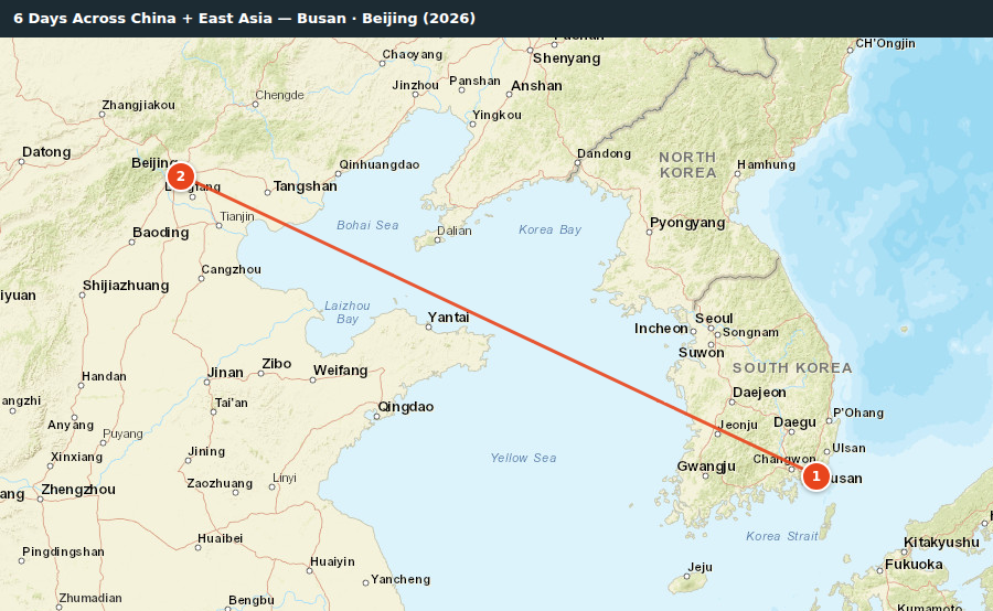 Route map for 6 Days Across China + East Asia — Busan · Beijing (2026)