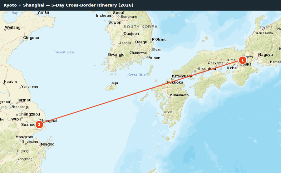Route map for Kyoto + Shanghai — 5-Day Cross-Border Itinerary (2026)