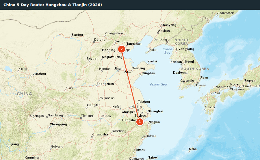 Route map for China 5-Day Route: Hangzhou & Tianjin (2026)