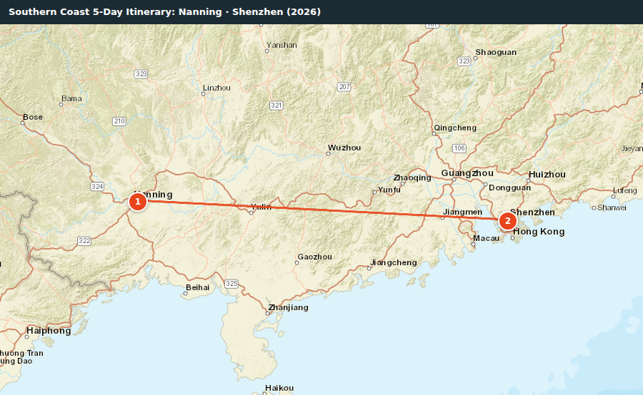 Route map for Southern Coast 5-Day Itinerary: Nanning · Shenzhen (2026)