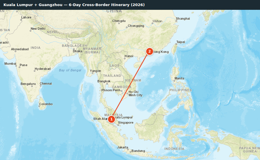 Route map for Kuala Lumpur + Guangzhou — 6-Day Cross-Border Itinerary (2026)