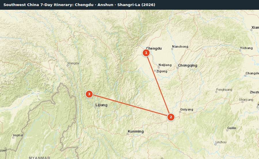 Route map for Southwest China 7-Day Itinerary: Chengdu · Anshun · Shangri-La (2026)