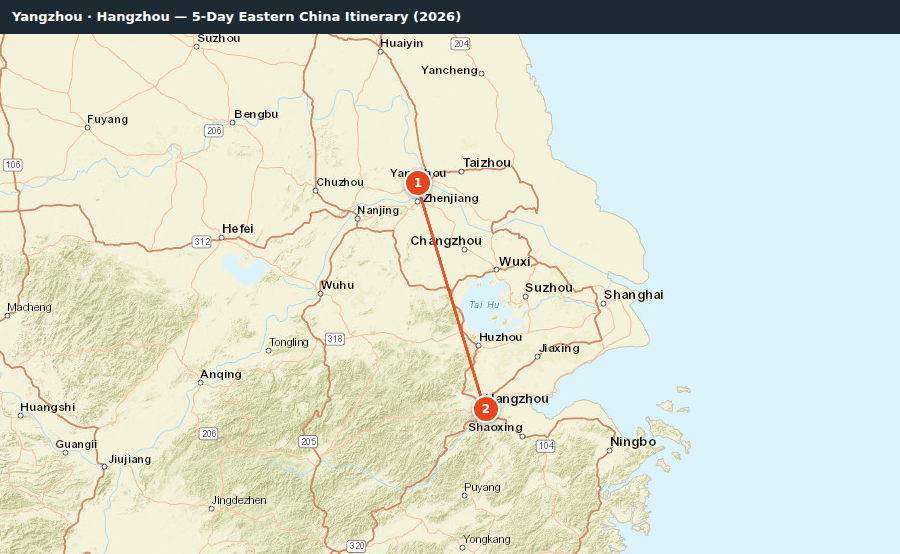 Route map for Yangzhou · Hangzhou — 5-Day Eastern China Itinerary (2026)