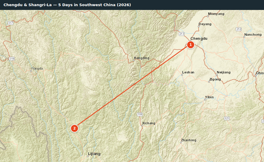 Route map for Chengdu & Shangri-La — 5 Days in Southwest China (2026)