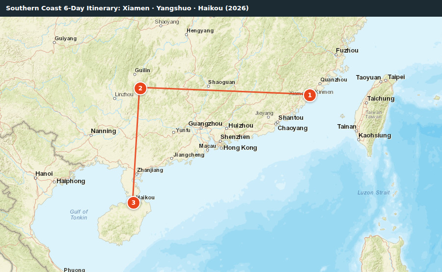Route map for Southern Coast 6-Day Itinerary: Xiamen · Yangshuo · Haikou (2026)