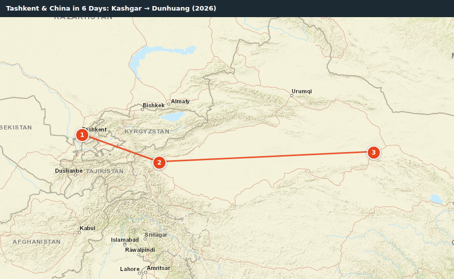 Route map for Tashkent & China in 6 Days: Kashgar → Dunhuang (2026)