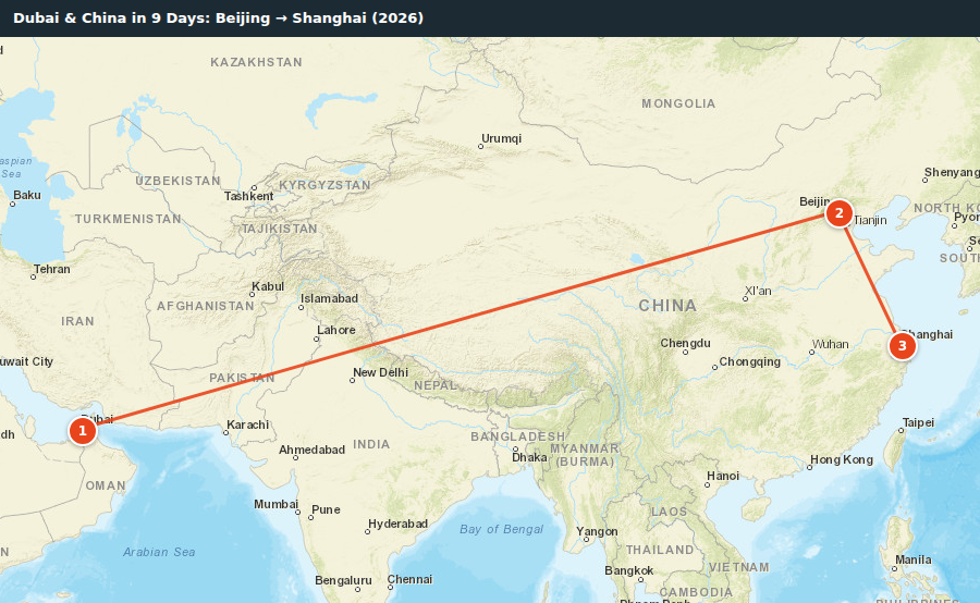 Route map for Dubai & China in 9 Days: Beijing → Shanghai (2026)
