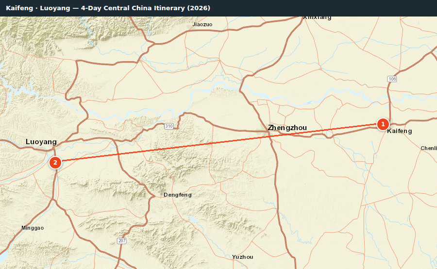 Route map for Kaifeng · Luoyang — 4-Day Central China Itinerary (2026)