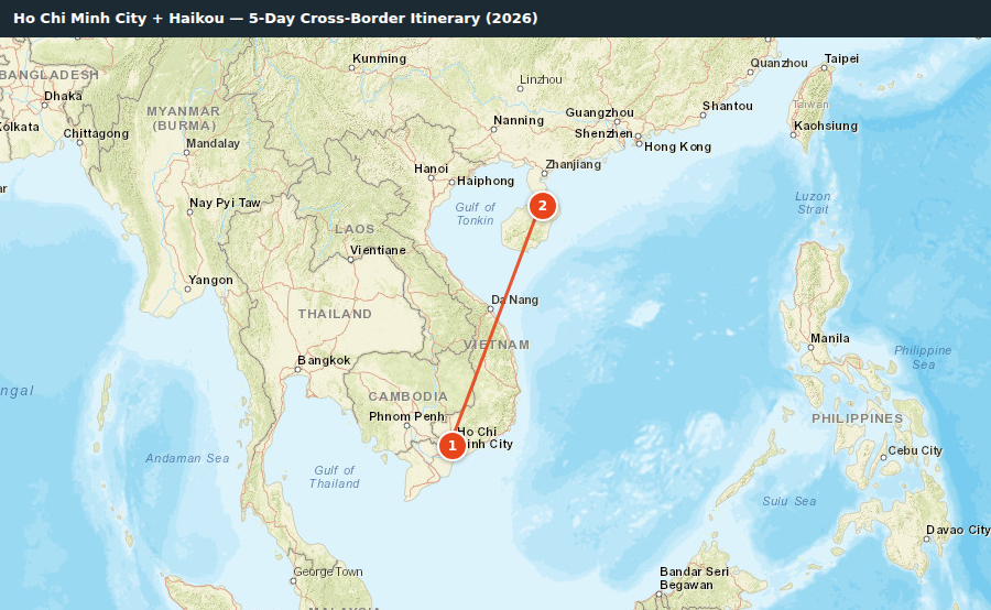 Route map for Ho Chi Minh City + Haikou — 5-Day Cross-Border Itinerary (2026)