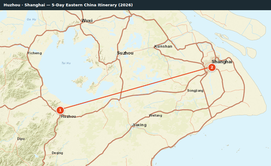 Route map for Huzhou · Shanghai — 5-Day Eastern China Itinerary (2026)