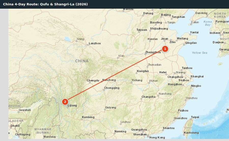 Route map for China 4-Day Route: Qufu & Shangri-La (2026)