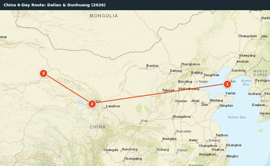 Route map for China 6-Day Route: Dalian & Dunhuang (2026)