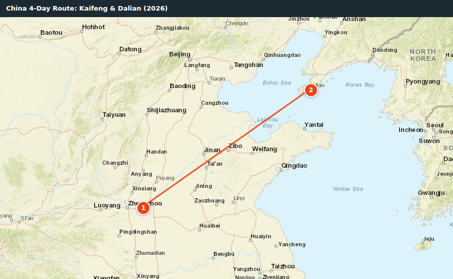Route map for China 4-Day Route: Kaifeng & Dalian (2026)