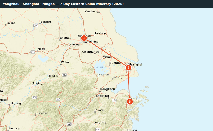 Route map for Yangzhou · Shanghai · Ningbo — 7-Day Eastern China Itinerary (2026)