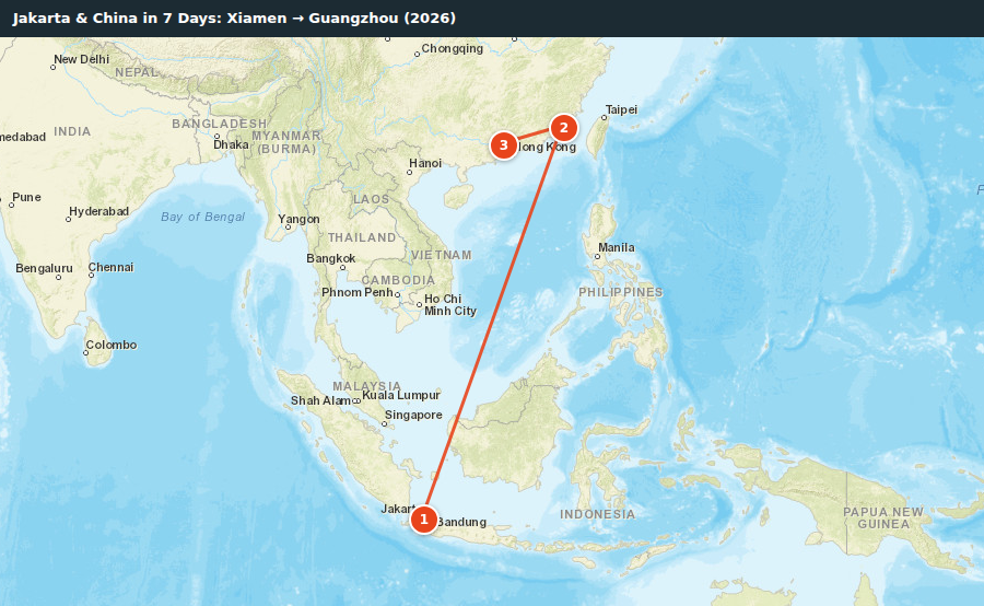 Route map for Jakarta & China in 7 Days: Xiamen → Guangzhou (2026)