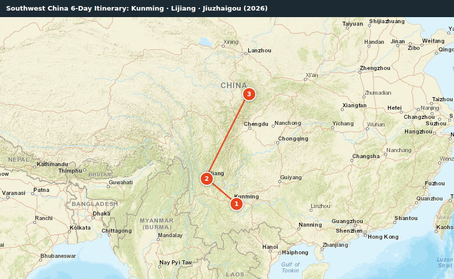 Route map for Southwest China 6-Day Itinerary: Kunming · Lijiang · Jiuzhaigou (2026)