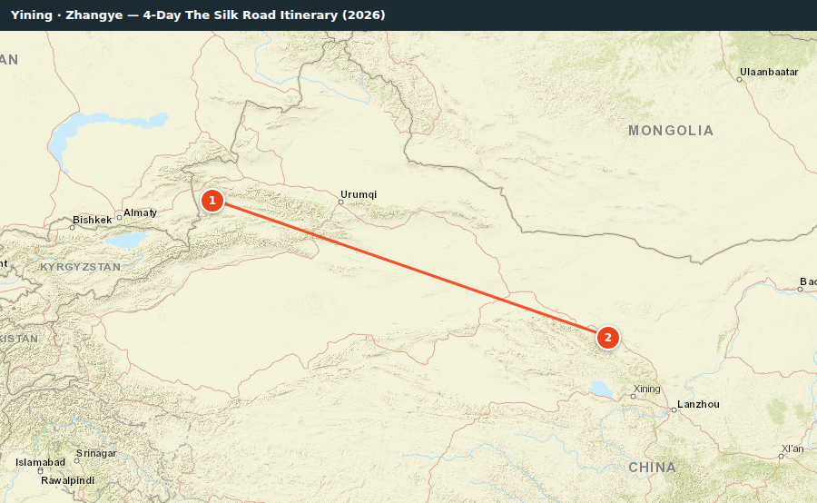 Route map for Yining · Zhangye — 4-Day The Silk Road Itinerary (2026)